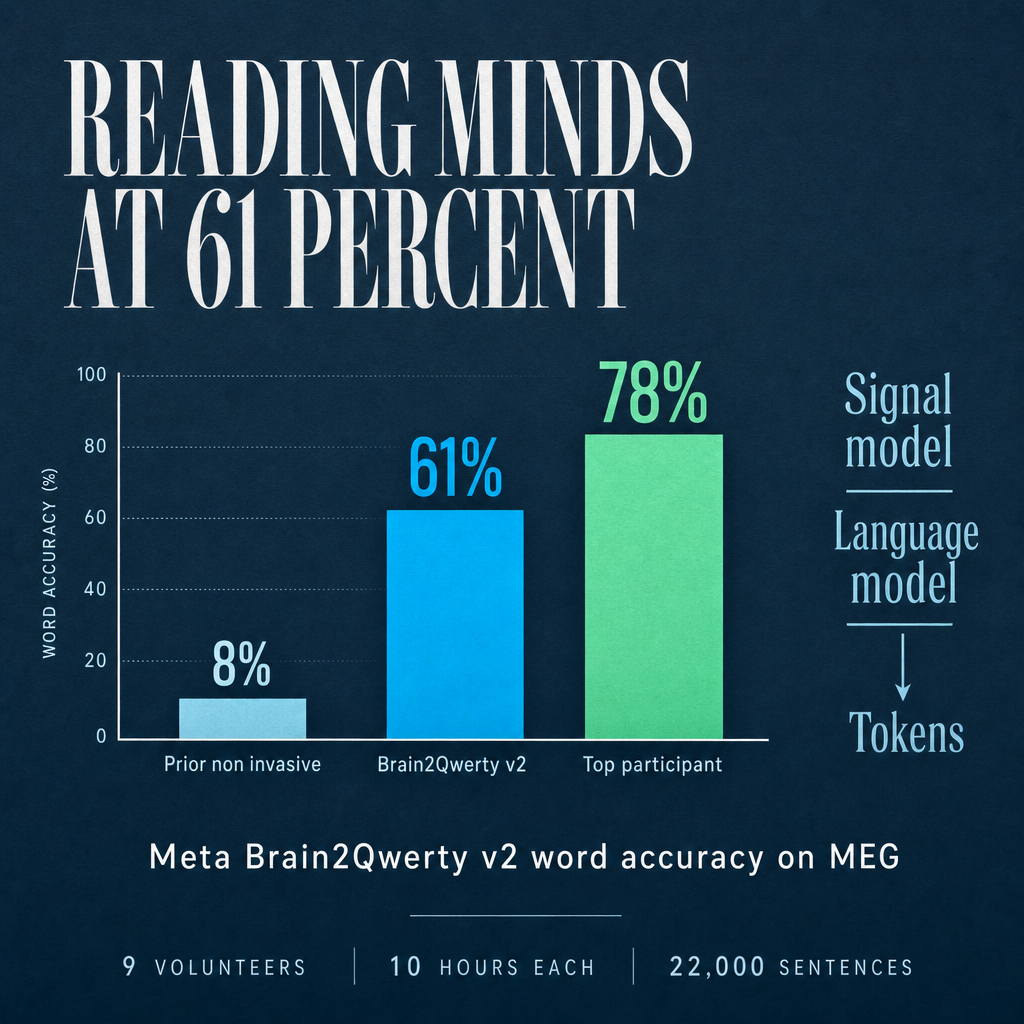 Meta just shipped Brain2Qwerty v2, a non-invasive brain-to-text model that hit 61 percent wo...