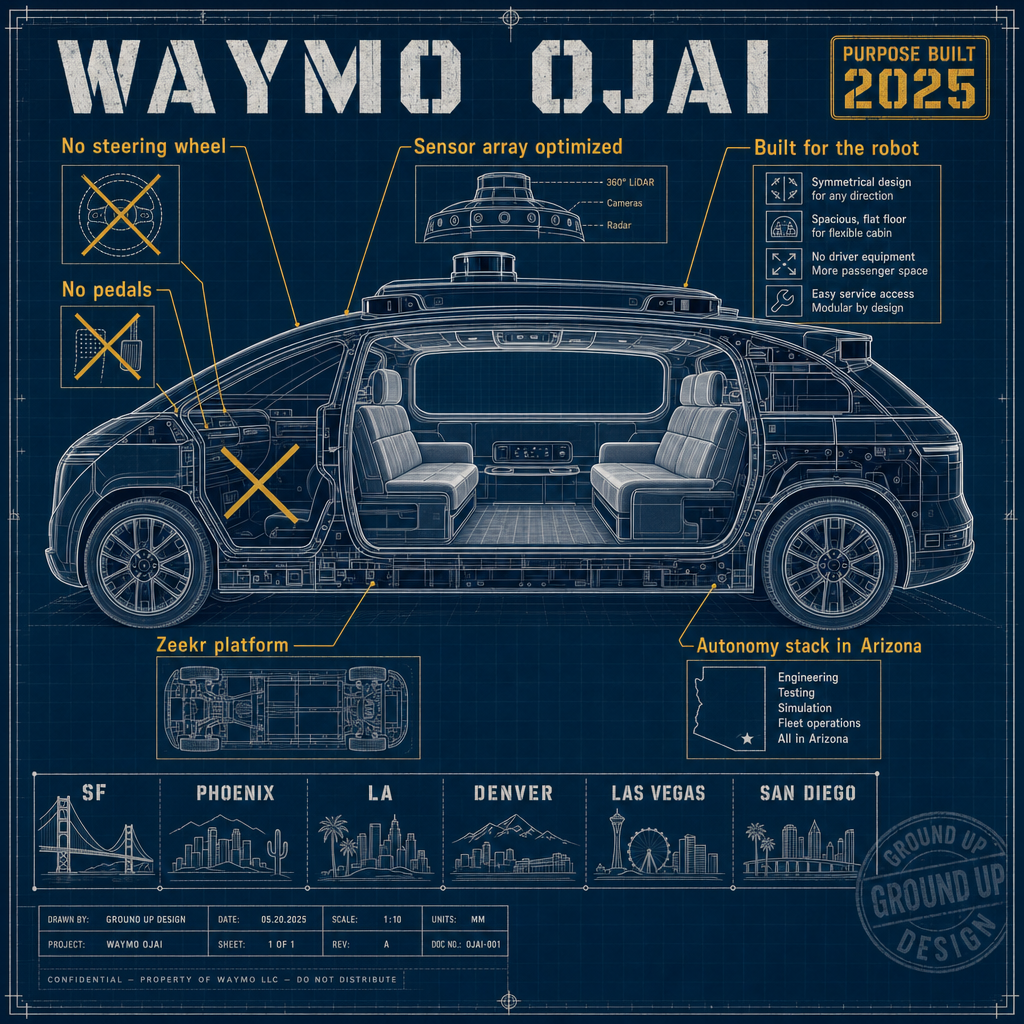 Waymo just launched the Ojai, its first purpose built robotaxi, and the engineering choice b...
